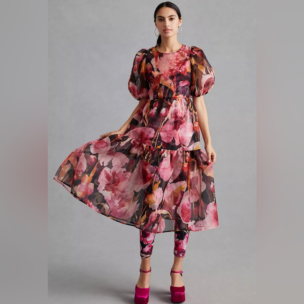 Anthropologie Puff-Sleeve Organza MIDI Dress Size Large